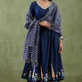 Dark Blue Cotton Silk Anarkali Suit Set With Floral Design