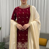 Deep Maroon Velvet Embroidered Kurti Set