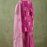 Dark Pink Floral Foil Printed Beautiful Cotton Silk Kurti Set With Gharara Pants