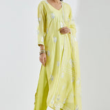 Printed Lime Green Kurti Set With Silver Floral Design
