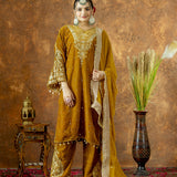 Mustard Gold Velvet Embroidered Kurti Set