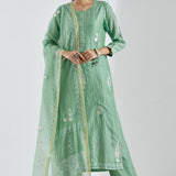 Light Mint Green Kurti Set With Silver Floral Design