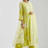 Lime Green Kurti Set With Silver Floral Design