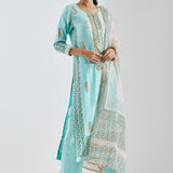 Light Blue Cotton Silk Ethnic Suit Set With Subtle Floral Design