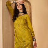 Mustard Green Cotton Hakoba Work Kurta Set
