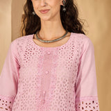Light Rose Pink Cotton Hakoba Work Kurta Set