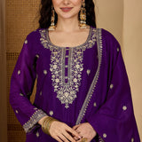 Royal Purple Chinon Silk Embroidered Kurta Set