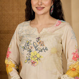 Off-White Cotton Floral Printed Kurta Set