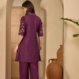 Dark Purple Floral Embroidered Polyester Co-Ord Set