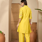 Bright Yellow Floral Embroidered Polyester Co-Ord Set