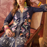 Navy Blue Floral Embroidered Polyester Co-Ord Set