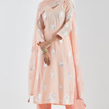Printed Peach Kurti Set With Silver Floral Design