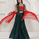 Dark Green Tafta Silk Lehnga Top And Dupatta Set