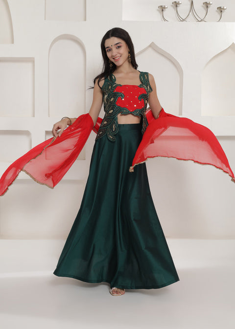 <img> Dark Green Tafta Silk Lehnga Top And Dupatta Set