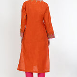 Tangerine Orange Art Silk Embroidered Kurti Set
