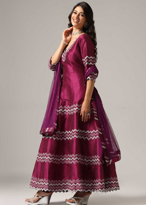 <img> Purple Raw Silk Anarkali Set