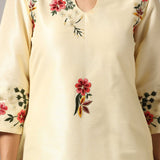 Cream Raw Silk Kurti With Pants And Dupatta
