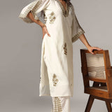 Cream French Crepe Kurti With Pants