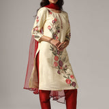 Cream Raw Silk Kurti With Contrast Pants And Netted Dupatta Set