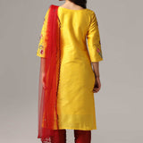 Yellow Raw Silk Kurti With Pants And Dupatta