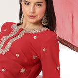 Apple Red Georgette Embroidered Kurti Set
