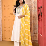 Ivory Neck Embroidered A-Line Kurta And Palazzo With Yellow Dupatta