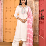 Ivory Neck Embroidered Kurta And Palazzo With Pink Dupatta
