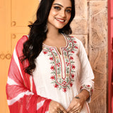 Ivory Neck Embroidered A-Line Kurta And Palazzo With Red Dupatta