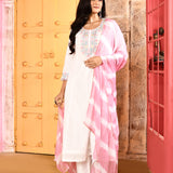 Ivory Neck Embroidered A-Line Kurta And Palazzo With Pink Dupatta