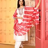 Ivory Neck Embroidered Kurta And Palazzo With Red Dupatta