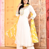 Ivory Neck Embroidered Kurta And Gharara With Red Dupatta