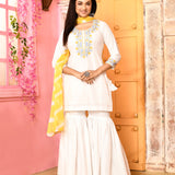 Ivory Neck Embroidered Kurta And Gharara With Yellow Dupatta