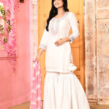 Ivory Neck Embroidered Kurta And Gharara With Pink Dupatta