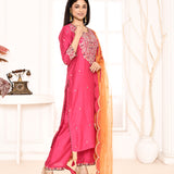 Pink Embroidered Straight Kurta And Palazzo With Orange Scalping Dupatta