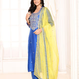 Blue Embroidered Straight Kurta And Palazzo With Yellow Scalping Dupatta