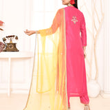 Rani Pink Embroidered Straight Kurta And Palazzo With Yellow Scalping Dupatta