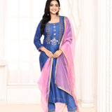 Dark Blue Embroidered Straight Kurta And Palazzo With Pink Scalping Dupatta