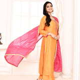 Orange Embroidered Straight Kurta And Palazzo With Pink Scalping Dupatta