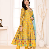 Golden Yellow Block Printed Anarkali And Churidar With Aqua Lace Finish Dupatta