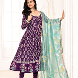 Purple Block Printed Anarkali And Churidar With Aqua Lace Finish Dupatta