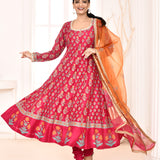 Pink Block Printed Anarkali And Churidar With Orange Lace Finish Dupatta