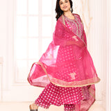 Magenta Hand Embroidery With Block Printed A-Line Kurta And Palazzo