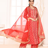 Red Hand Embroidery With Block Printed A-Line Kurta And Palazzo
