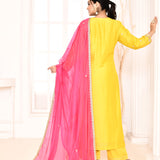 Yellow Hand Embroidery With Block Printed Straight Kurta And Palazzo