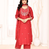 Red Hand Embroidery With Block Printed Straight Kurta And Palazzo