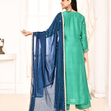 Green Hand Embroidered Straight Kurta And Palazzo With Navy Blue Dupatta
