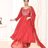 Red Hand Embroidered Anarkali And Palazzo With Pink Dupatta