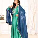 Dark Green Hand Embroidered Straight Kurta And Palazzo With Navy Blue Dupatta