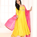 Yellow Hand Embroidered Straight Kurta And Palazzo With Pink Dupatta
