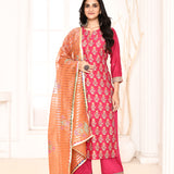 Rani Pink Straight Kurta And Palazzo With Dupatta Set